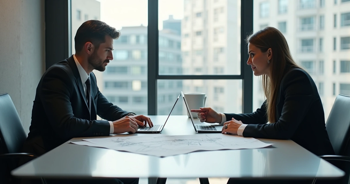 Reunião entre advogado e incorporador discutindo projeto imobiliário em mesa moderna com plantas e notebook 