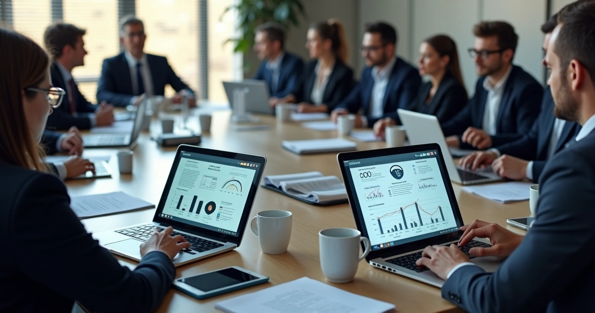 Advogados reunidos analisando dados em laptops durante reunião 