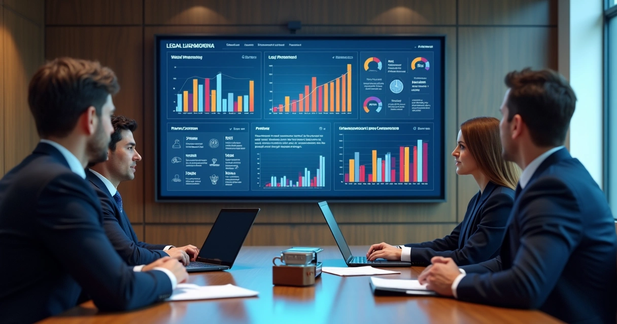 Três advogados observando dashboard de jurimetria em tela ampla durante reunião 