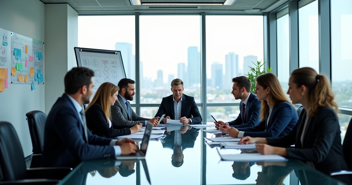 Equipe de advogados em discussão estratégica em sala de reunião