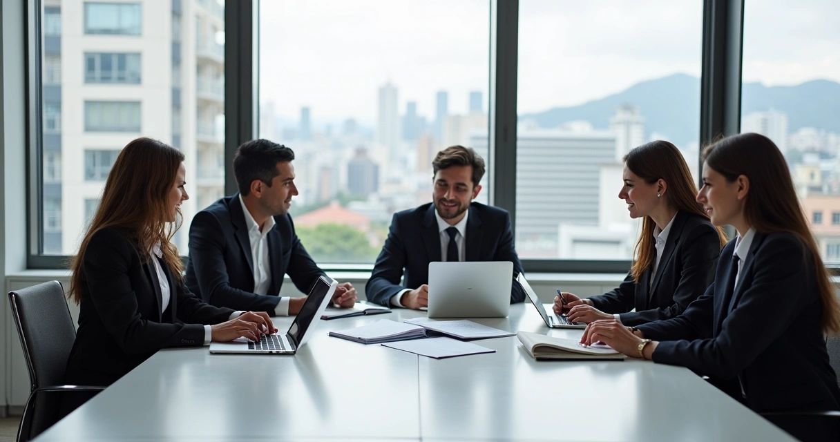 Advogados discutindo soluções jurídicas em uma mesa de escritório 