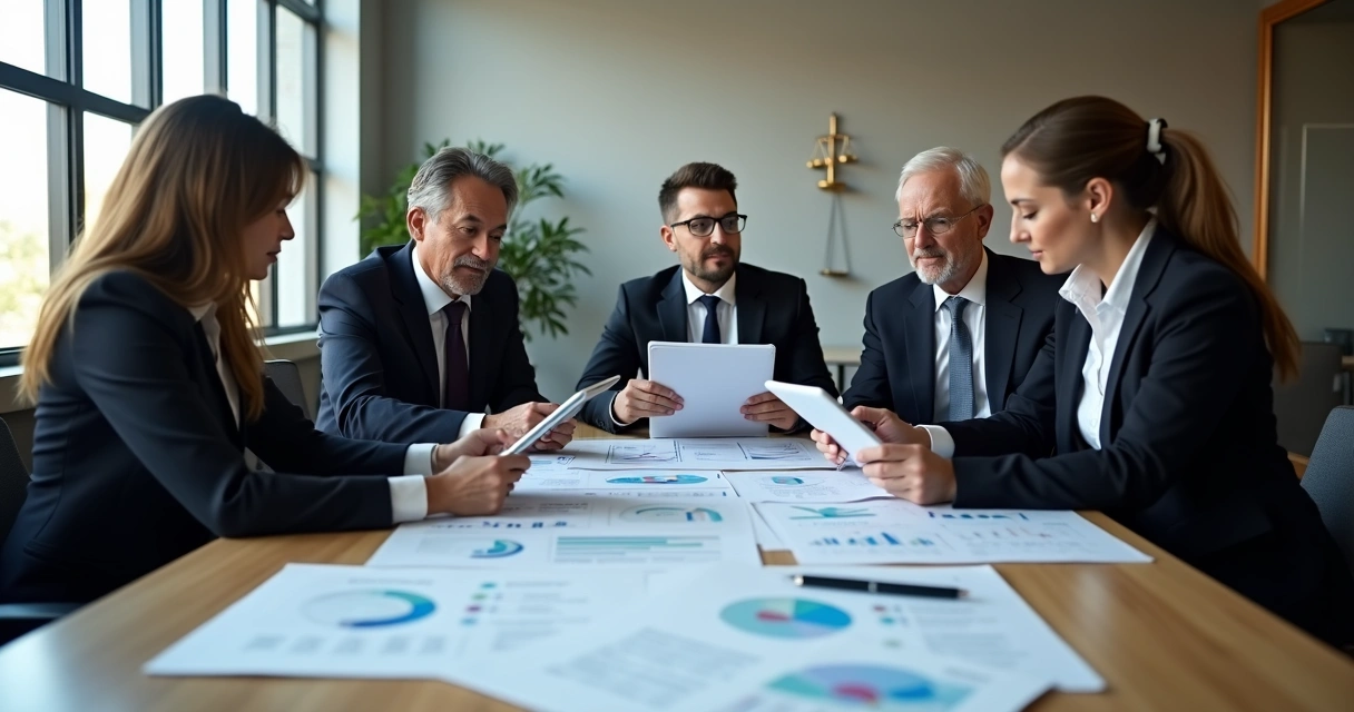 Advogados reunidos em uma sala analisando gráficos digitais e estratégias de marketing. 