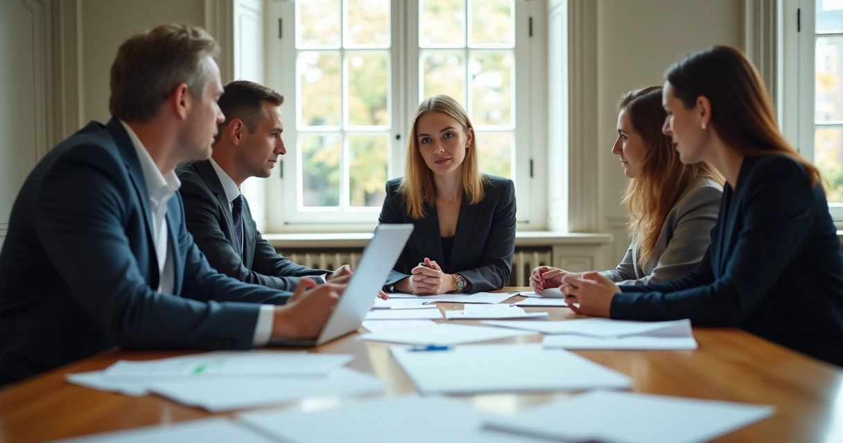 Reunião de advogados e especialista em marketing discutindo estratégias digitais 