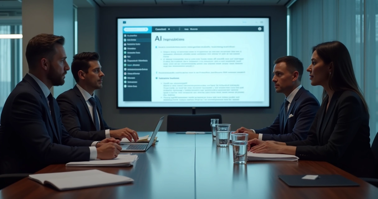 Equipe jurídica reunida ao redor de tela analisando IA 