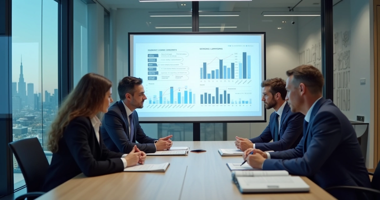 Advogados reunidos analisando gráficos de jurimetria projetados em uma tela 