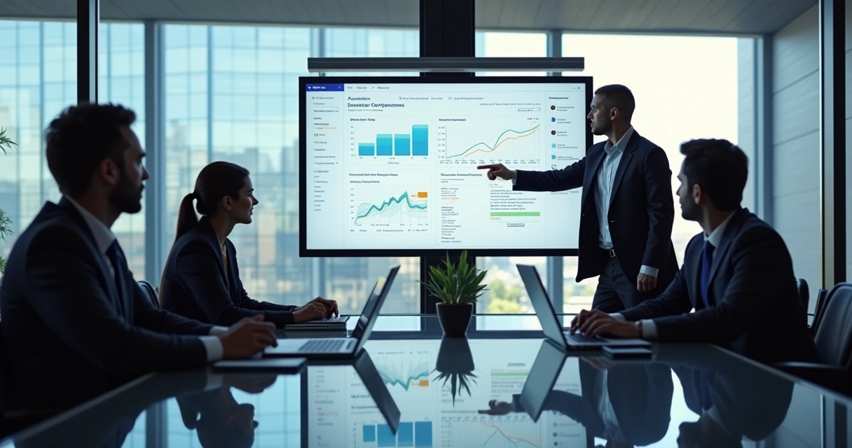Equipe de advogados em reunião usando plataforma digital de análise jurídica 