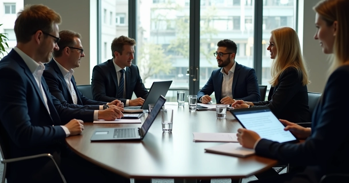 Advogados reunidos ao redor de mesa discutindo peças jurídicas em tablets e laptop 