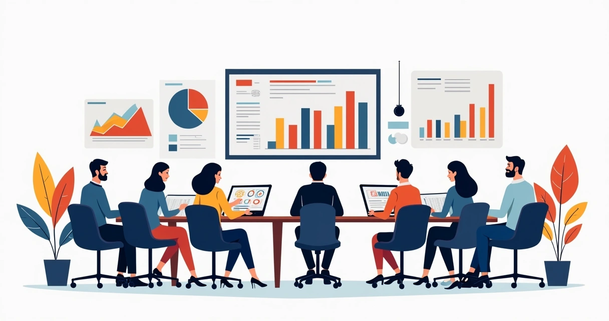 Equipe de agência e cliente reunidos analisando resultados. 