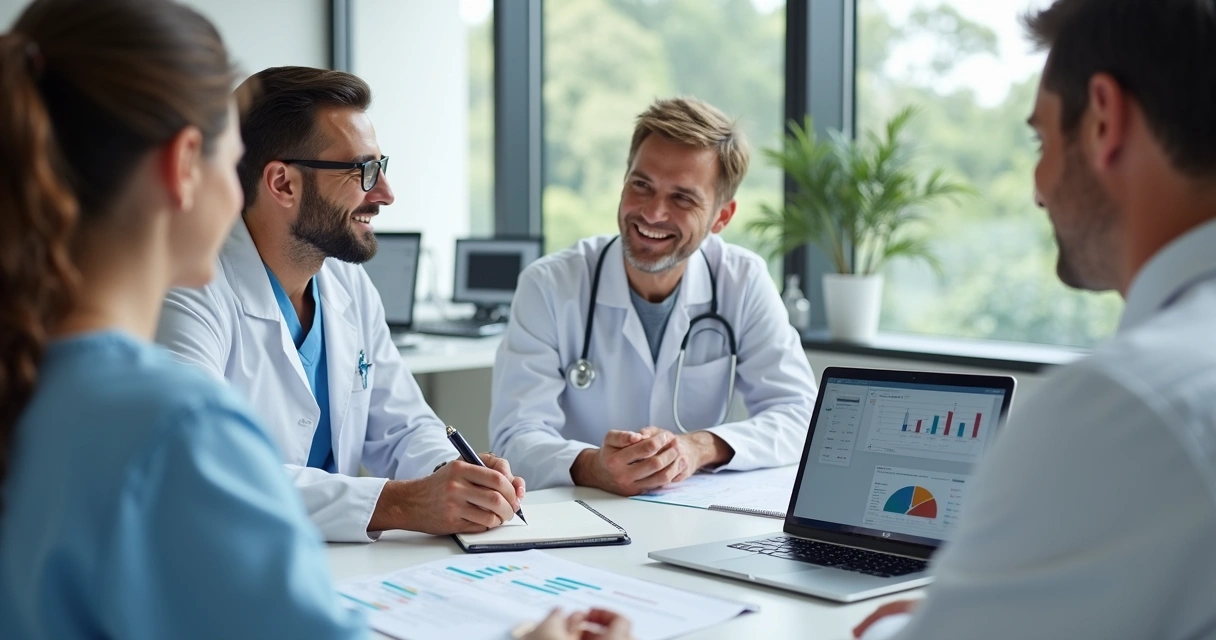 Reunião entre equipe de marketing odontológico e dentista em clínica 
