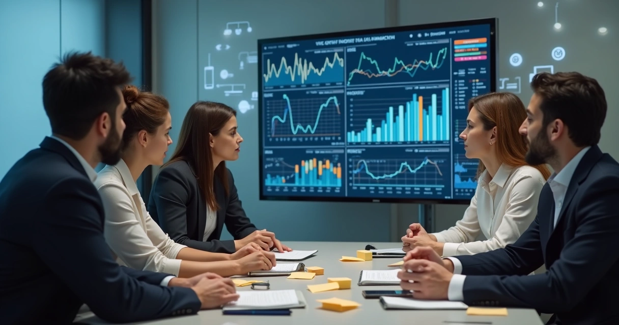 Equipe de agência reunida em torno de computador analisando gráficos financeiros 