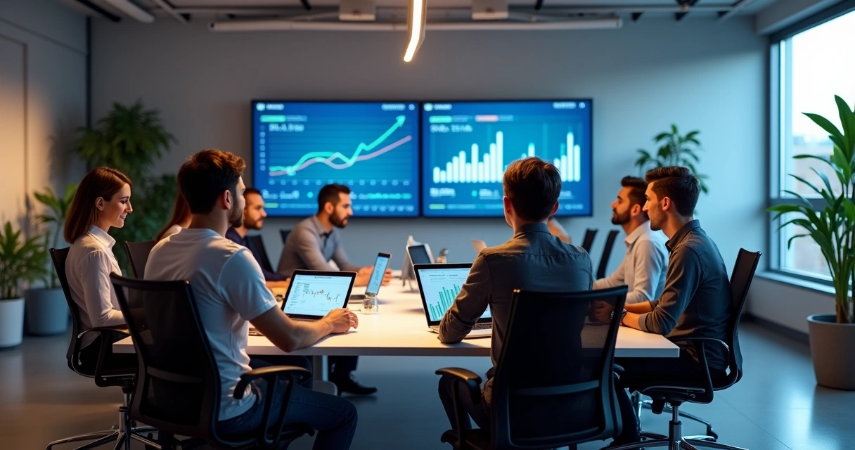 Equipe de agência digital em reunião estratégica, analisando dados de crescimento em telas 