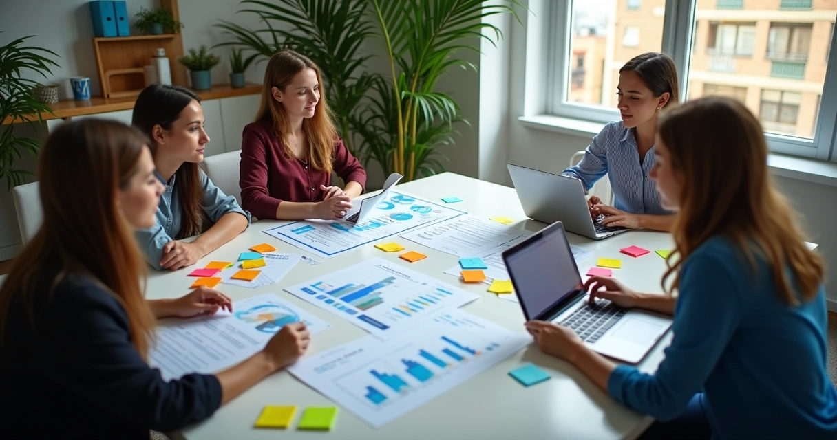 Equipe de agência digital reunida discutindo finanças e portfólio