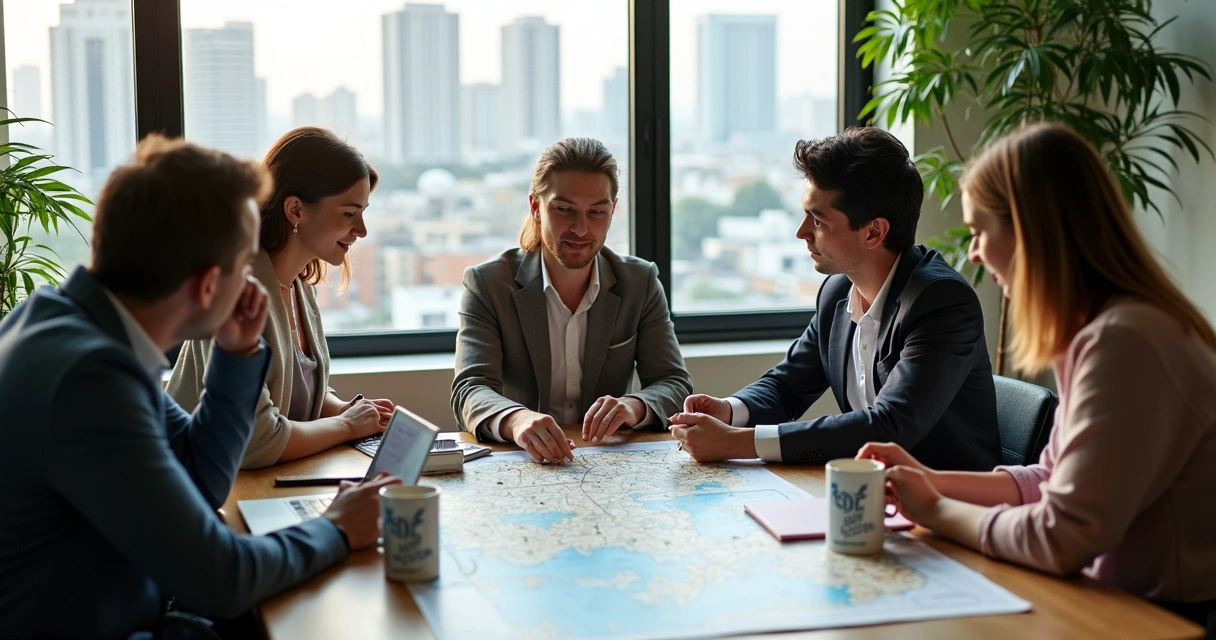Equipe de agência digital em reunião presencial com cliente local