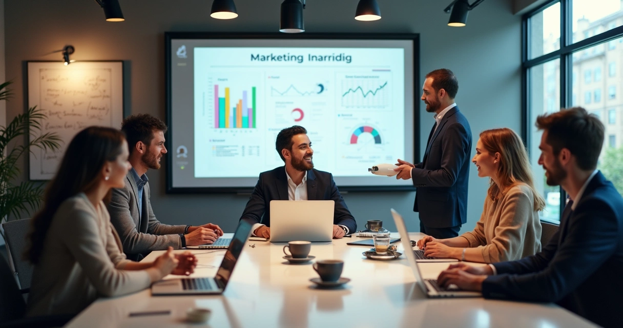 Equipe de agência em Pouso Alegre reunida em sala de reunião com quadros de estratégias e notebooks 