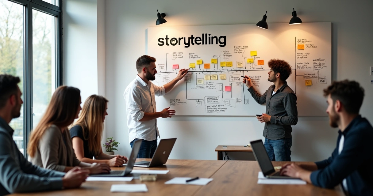 Equipe da agência planejando storytelling em sala de reunião 