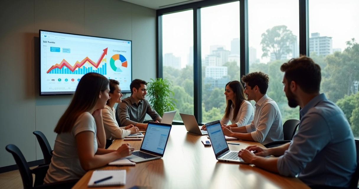 Equipe de marketing reunida em agência moderna com gráficos em tela e vista urbana ao fundo 