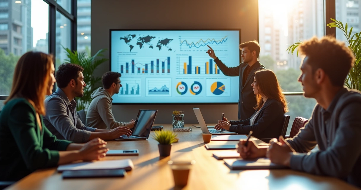 Equipe de marketing em reunião estratégica em escritório moderno 