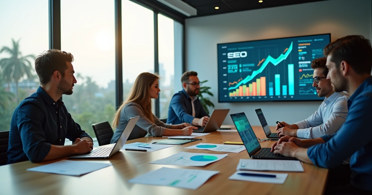 Equipe de marketing reunida em mesa de reunião moderna analisando gráficos digitais 