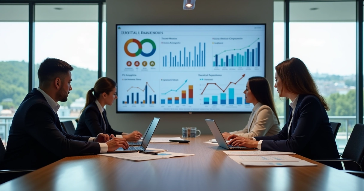 Equipe de marketing em reunião estratégica com vista para a cidade de Blumenau 