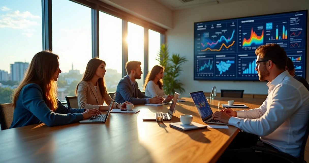 Equipe de marketing reunida em escritório moderno em Campina Grande analisando gráficos digitais 