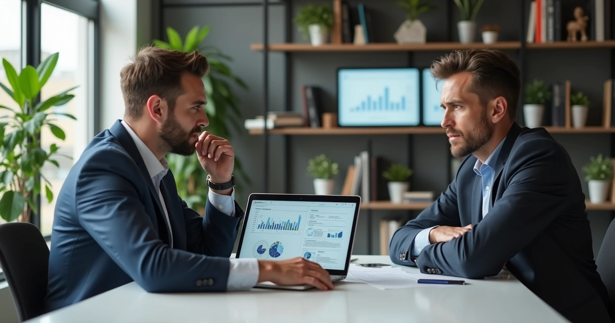 Reunião profissional mostrando dono de agência discutindo cancelamento de contrato com cliente em escritório moderno 