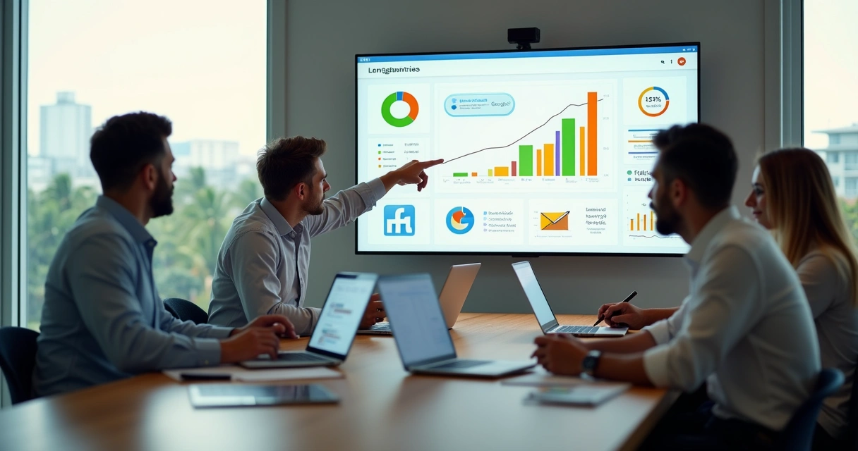 Equipe de marketing em reunião analisando gráficos de desempenho digital em um escritório moderno 