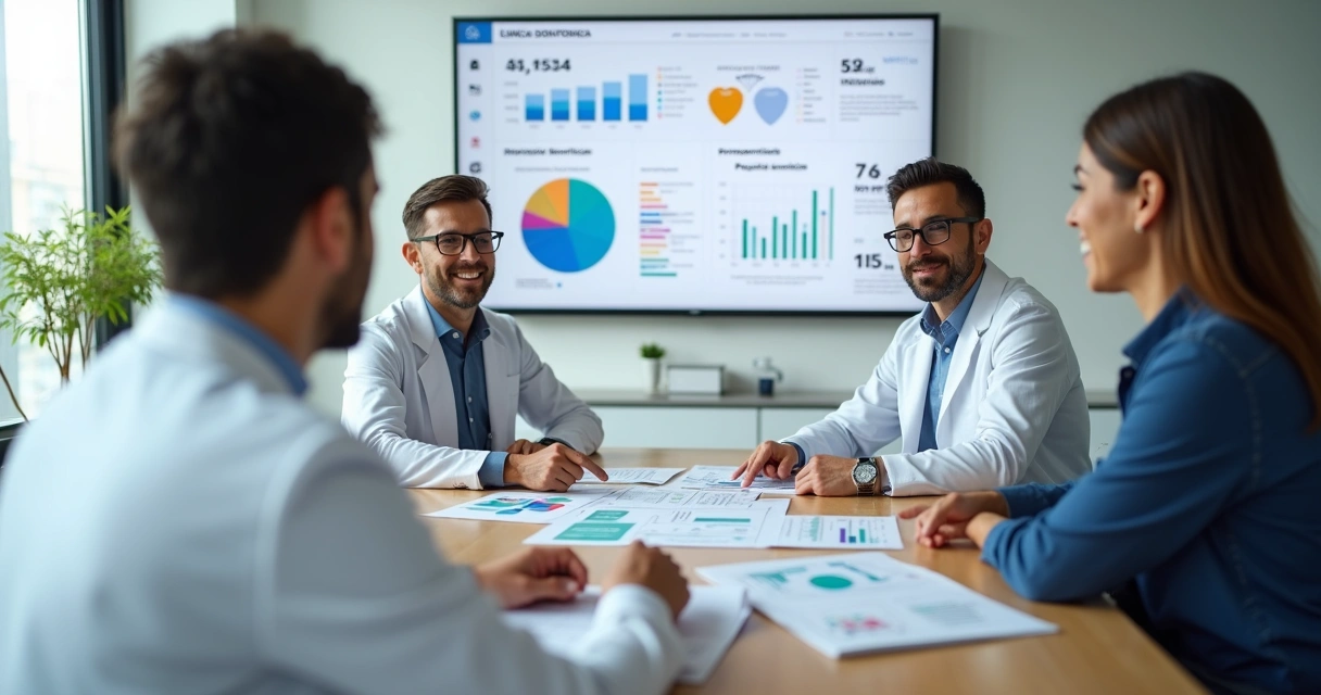 Dentista avalia propostas de agência de marketing em mesa de reunião moderna 