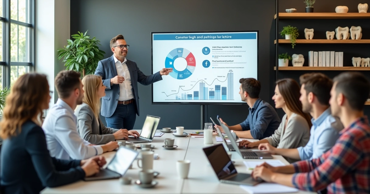 Profissional em reunião explicando estratégias digitais para dentistas em um ambiente moderno de escritório 