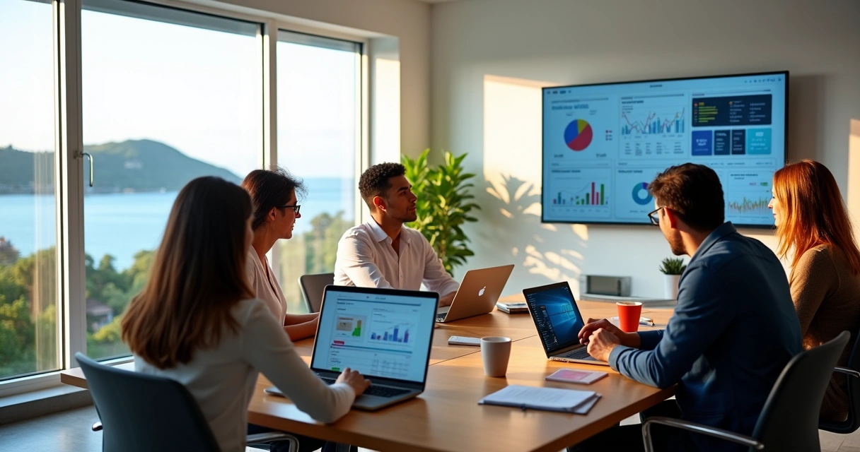 Equipe de marketing em reunião com vista para Florianópolis ao fundo 