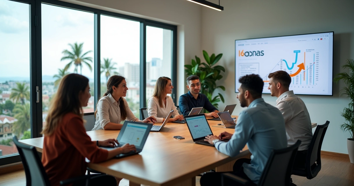 Equipe de marketing reunida em escritório moderno com vista para João Pessoa 