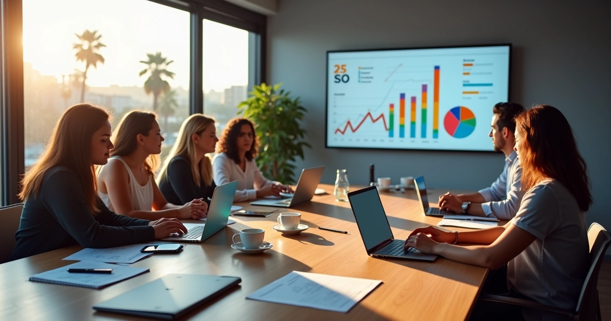 Equipe de marketing em reunião colaborativa em escritório moderno 