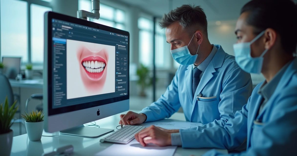 Equipe profissional reunida em sala moderna planejando estratégias de marketing digital para clínicas odontológicas 