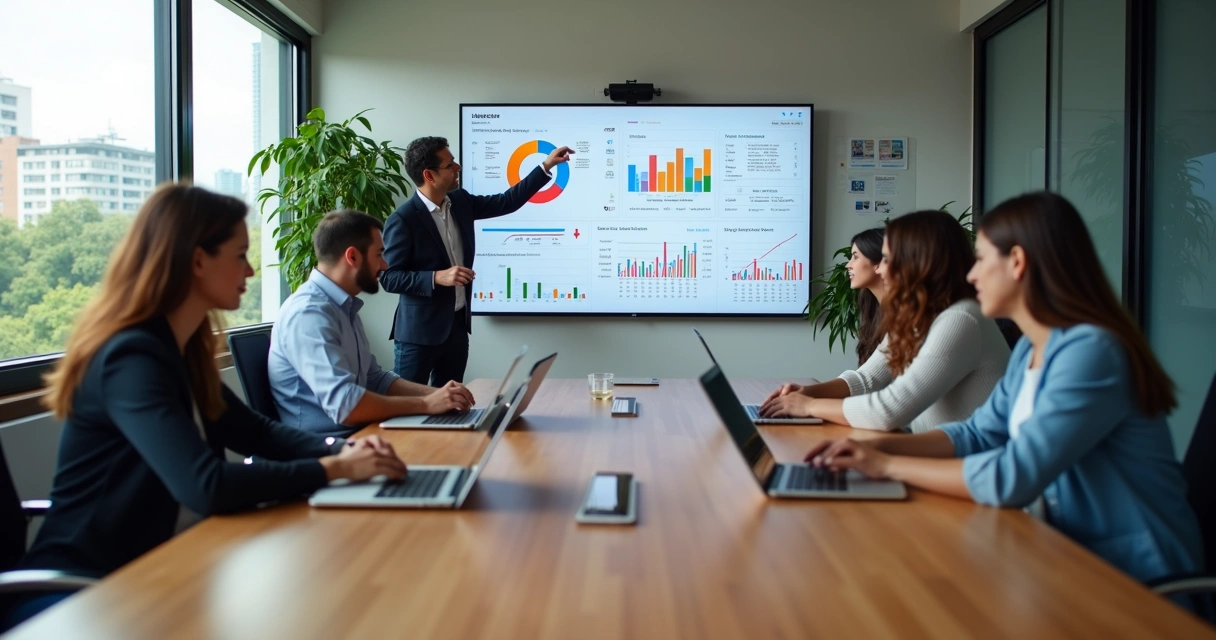 Equipe de marketing reunida em agência moderna analisando gráficos em notebooks 