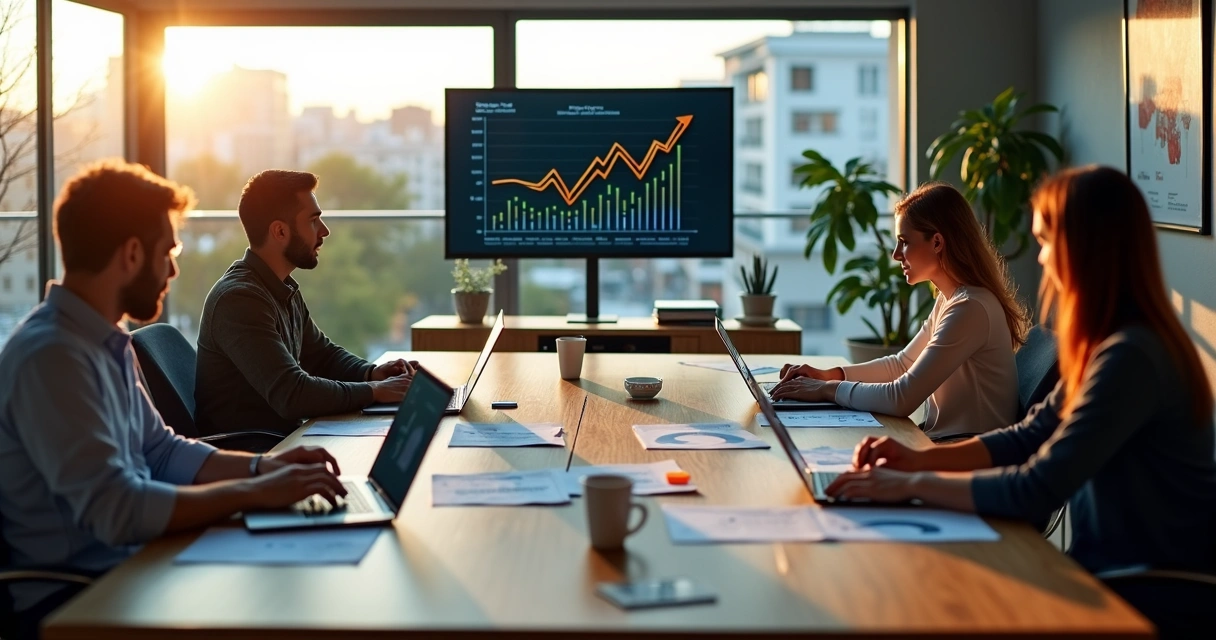 Equipe de marketing reunida em mesa de reunião moderna com gráficos de desempenho 