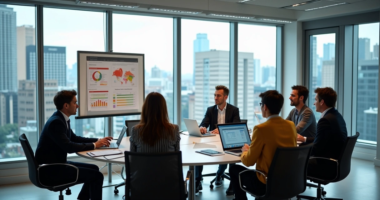 Equipe reunida em sala de reunião com quadros e computadores em Santo André 