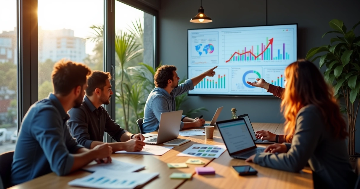 Equipe de marketing reunida em mesa de coworking moderna analisando gráficos digitais 