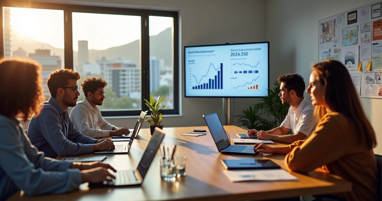 Equipe de marketing em reunião estratégica em escritório moderno 