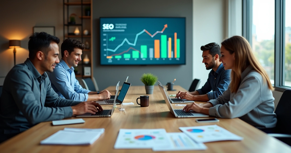 Equipe de marketing em reunião estratégica em escritório moderno 