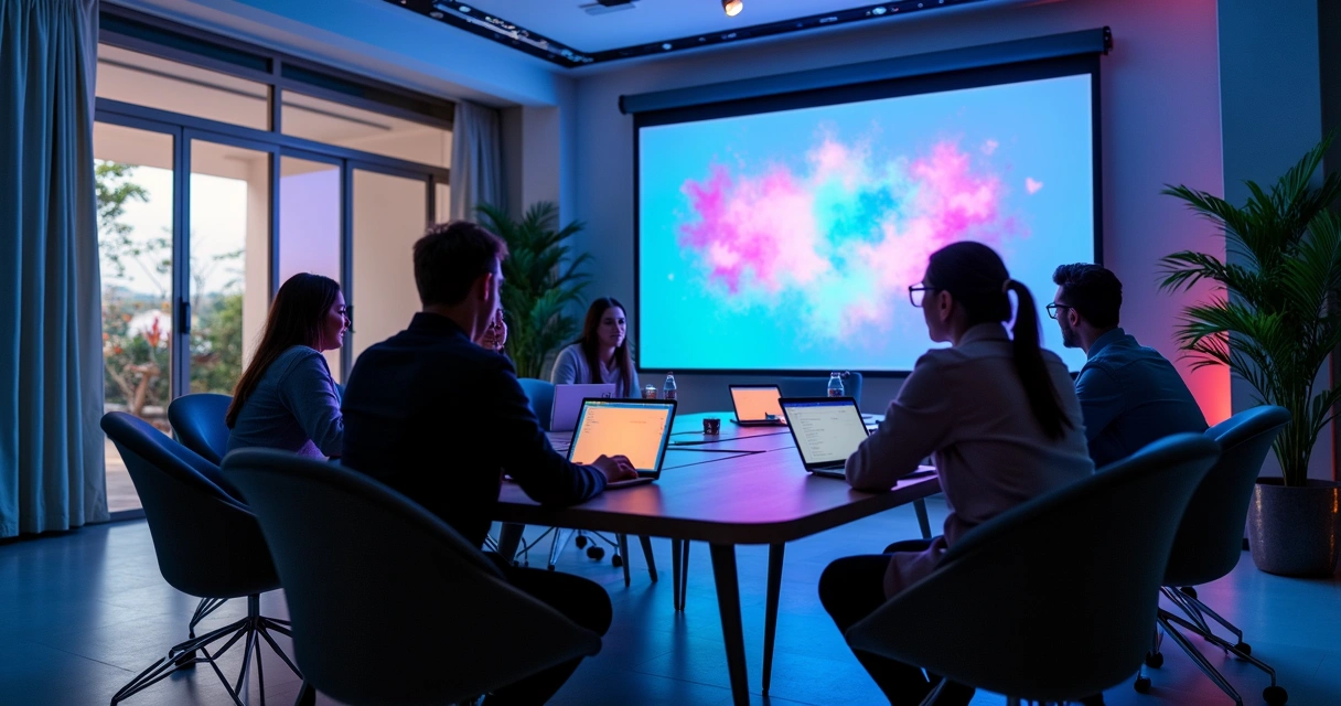 Reunião entre cliente e equipe de agência no-code 