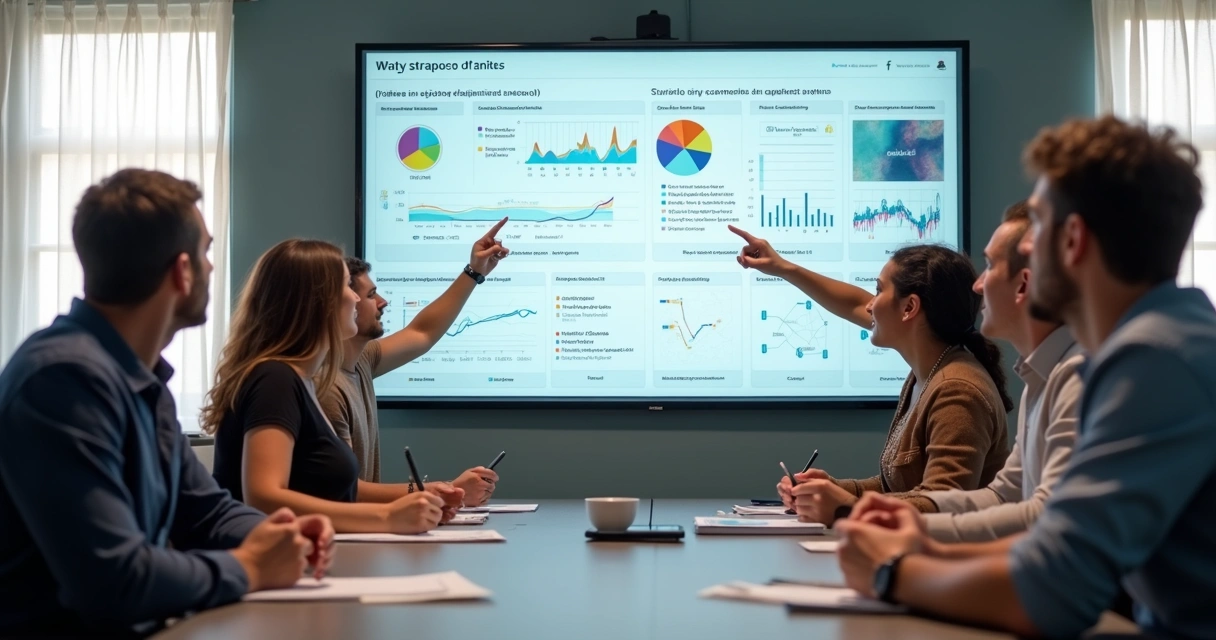 Equipe analisando gráficos de campanhas digitais em uma sala de reunião moderna 