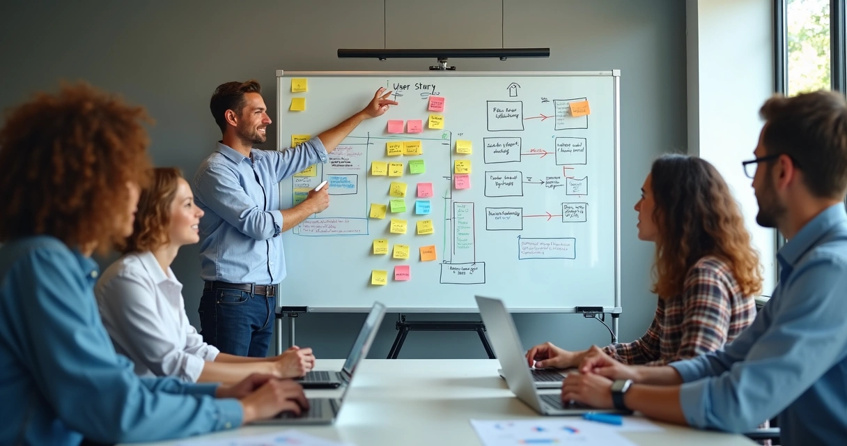 Equipe de tecnologia em reunião ágil colaborando em frente a um quadro com diagramas 