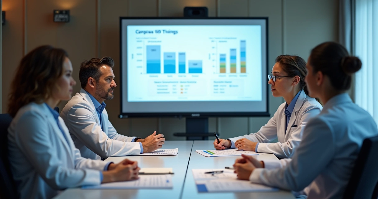 Equipe clínica analisando relatório semanal em reunião 