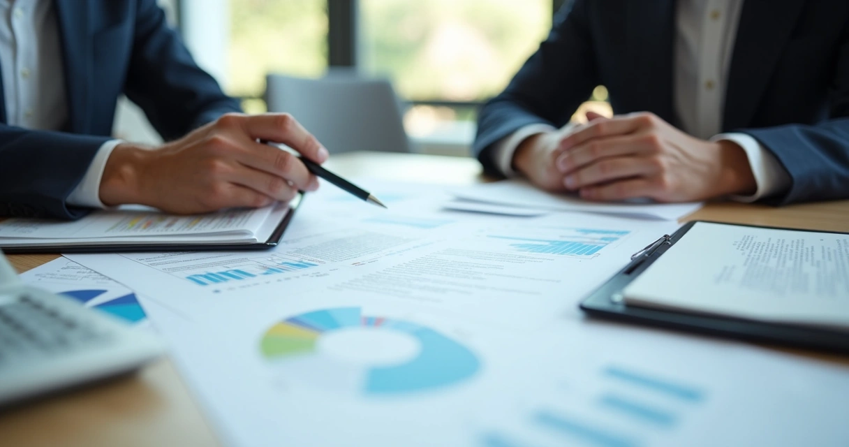 Duas pessoas revisando contrato empresarial com gráficos e planilhas ao fundo