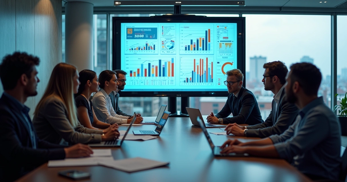 Equipe de negócios em reunião ajustando estratégias com gráficos de vendas em tela ao fundo 