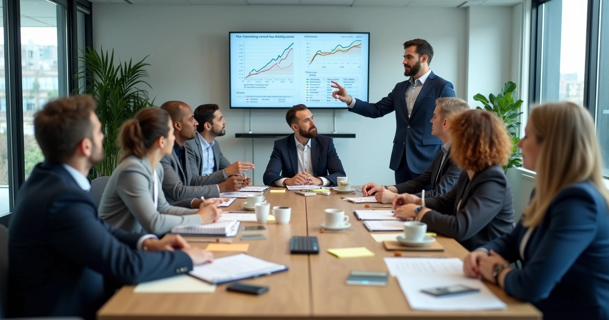 Equipe em reunião ajustando estratégia com líder ao centro