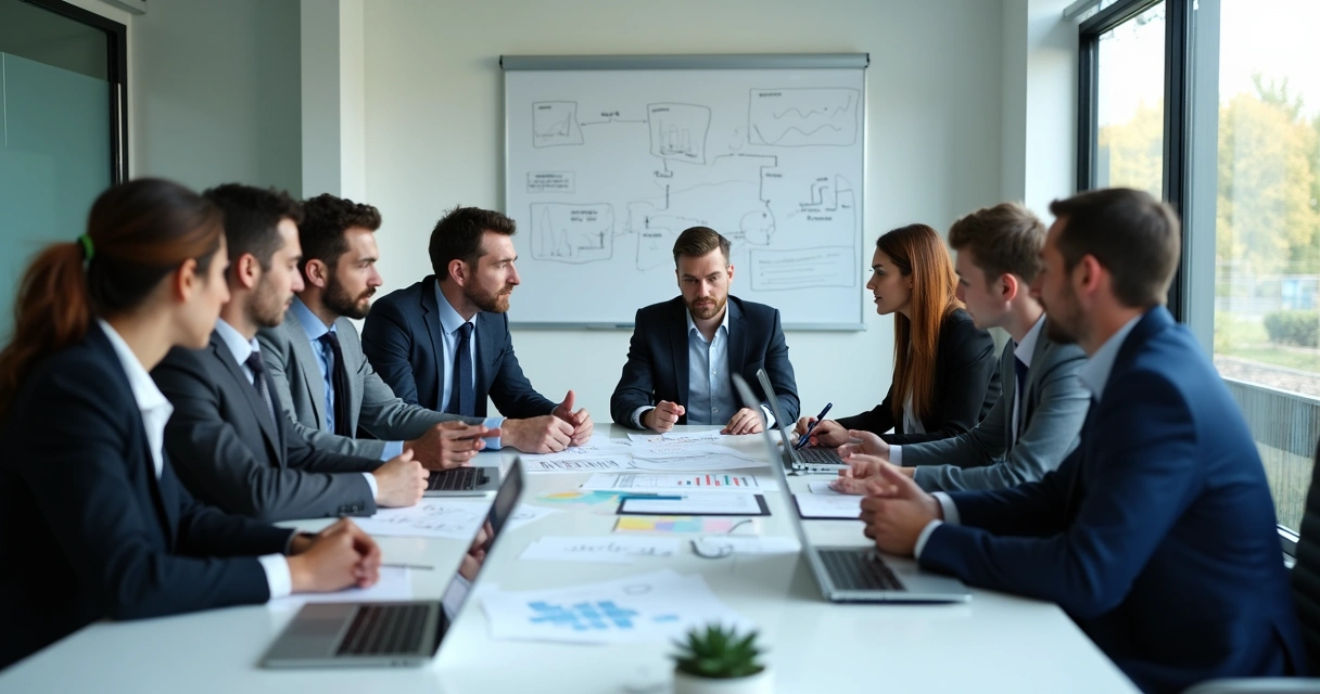 Grupo de profissionais discutindo ajustes fiscais em sala de reunião com papéis, notebooks e gráficos 