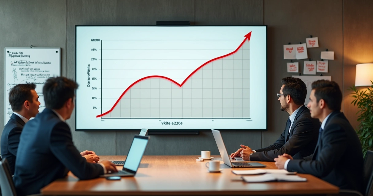 Sala de reunião com gráfico estagnado no telão 
