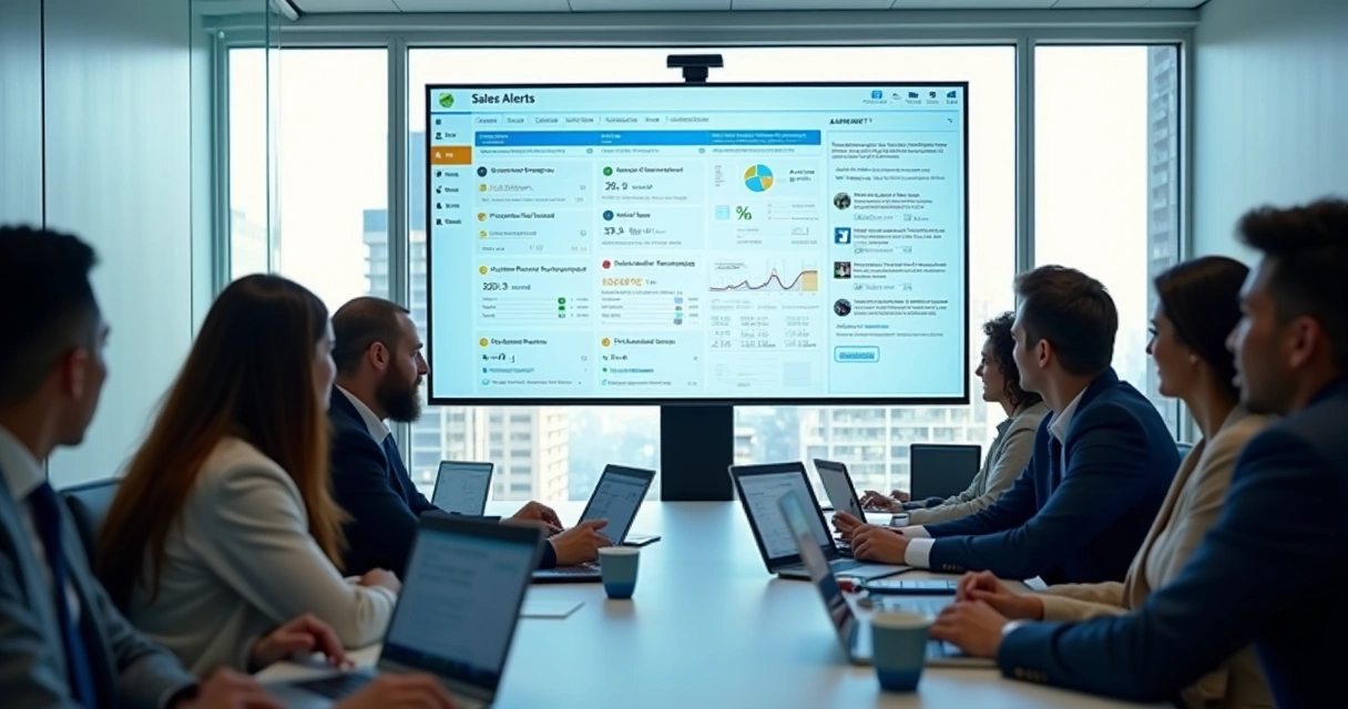 Equipe comercial analisando alertas de vendas em uma reunião