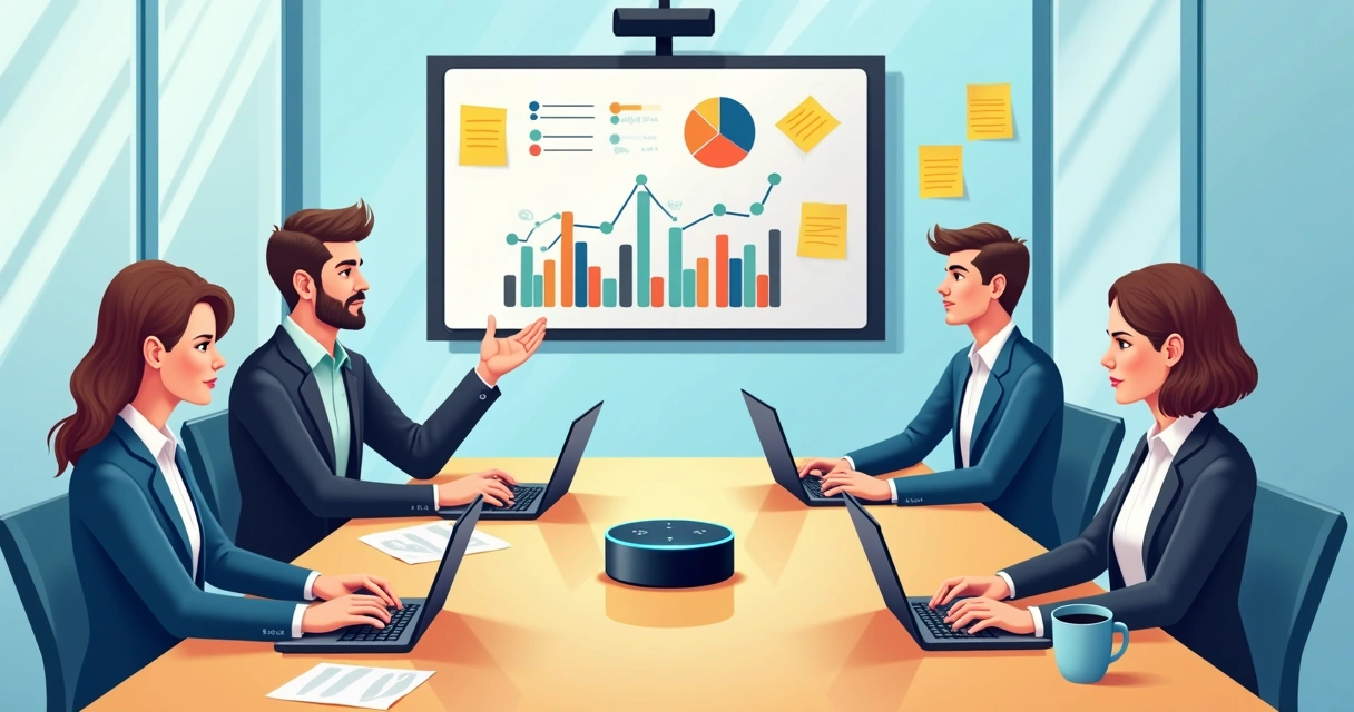 Equipe de negócios usando Alexa em uma mesa de reuniões 