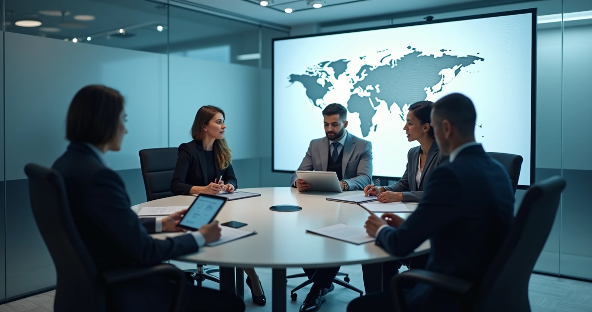Grupo em reunião discreta formando parceria internacional